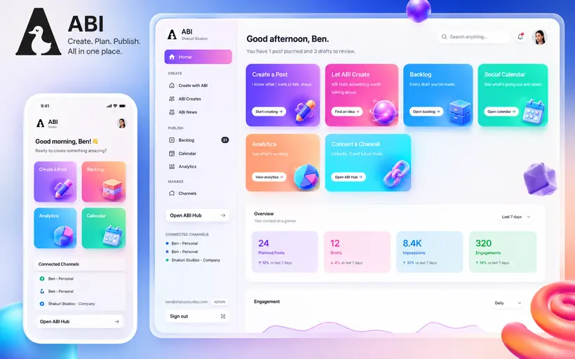 ABI social publishing app on desktop and mobile
