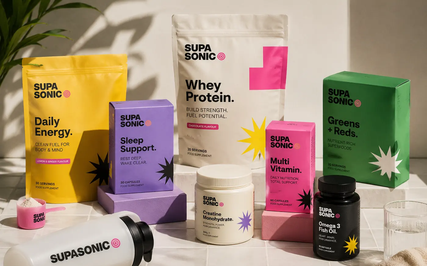 Supasonic supplement range packaging